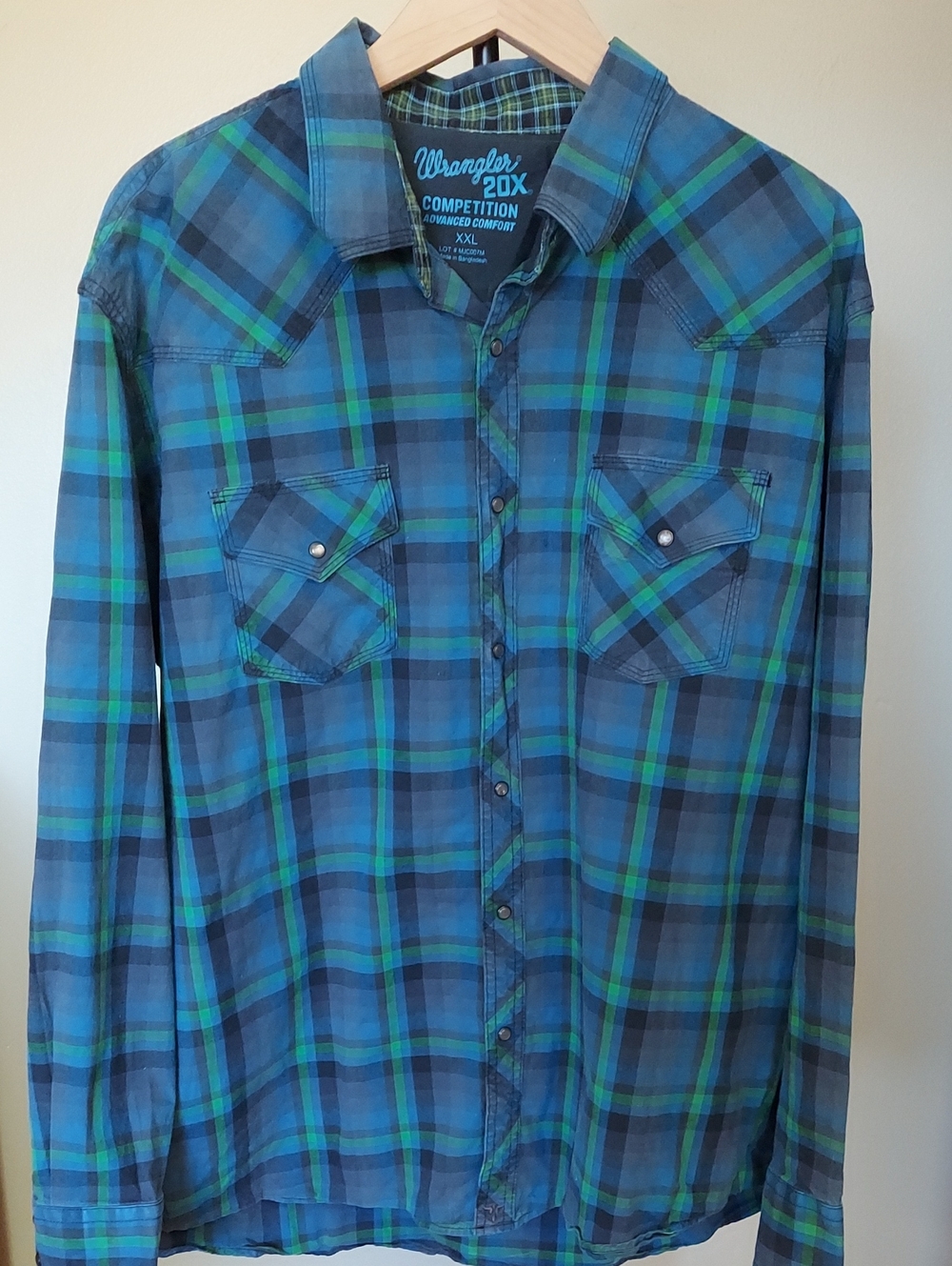 Wrangler 20X Men's Competition Blue/Green Plaid Snap Western Shirt Size XXL